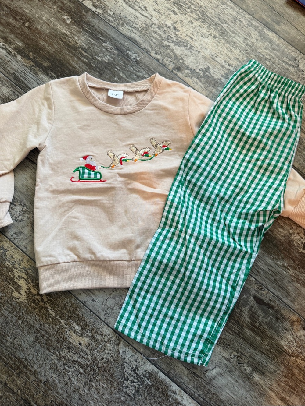 Kids Beige Christmas Reindeer Set with Green Gingham Pants